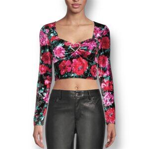 Madden‎ NYC 3X Black Velvet Floral Cropped Top Rhinestone Heart Y2K Whimsigoth